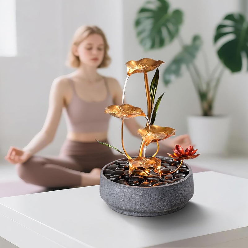 Haobos Indoor Tabletop Fountain Exquisite Meditation Desk Water Fountain Decorative Zen,4-Tier Lotus Desk Fountain,Home/Office Decor Housewarming Gift for Mom（23154） - Image 2